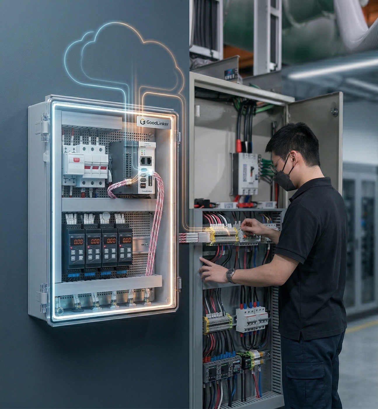 GoodLinker 預整合電力箱現場施工、數據上雲意象